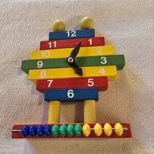 Vintage Wooden Kids Learning Clock Toy with Abacus